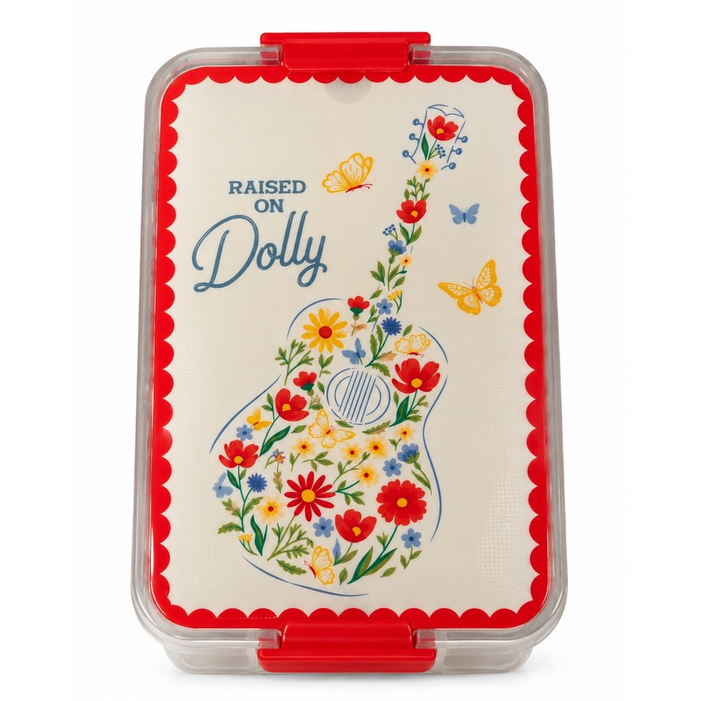 Dolly Parton Snack Box With Mat Red Guitar Floral Butterfly Dishwater Safe NWT